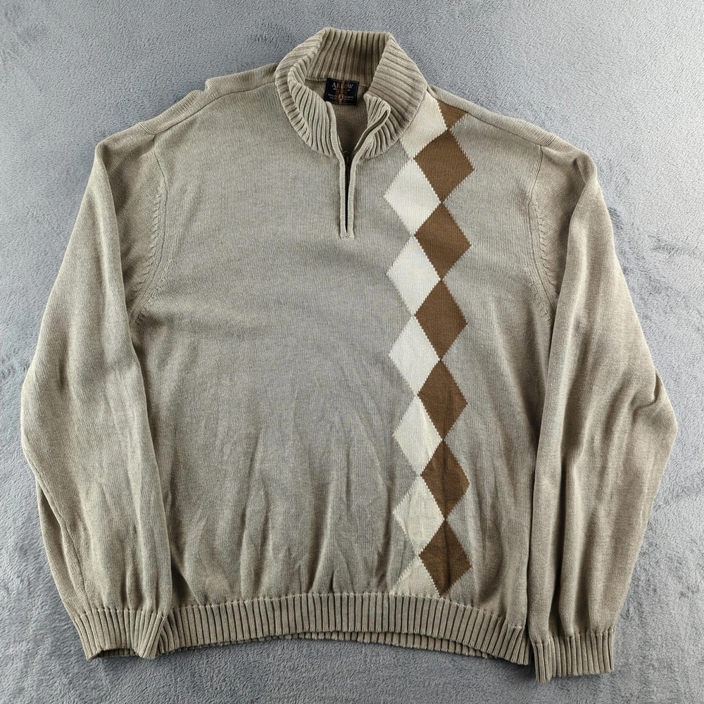 Arrow 1851 Sweater Mens Extra Large Beige Quarter Zip Argyle Mock Neck Pullover